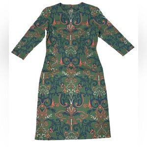 J. McLaughlin Olive Green Patterned Sheath Dress 3/4 Sleeve Crew Neck Size XS